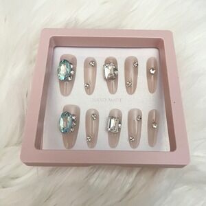 Handmade Press-On Nails with Teal Rhinestones Small